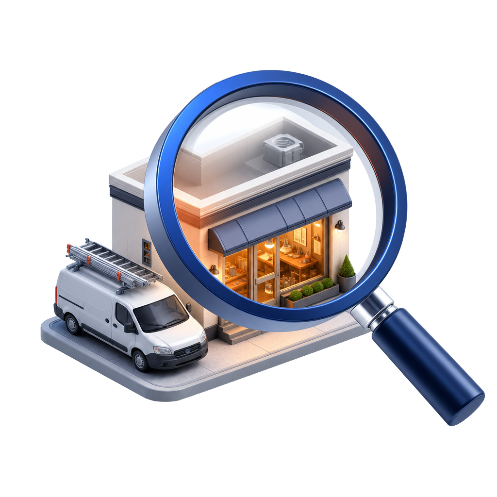 Magnifying glass inspecting a small business storefront and work van